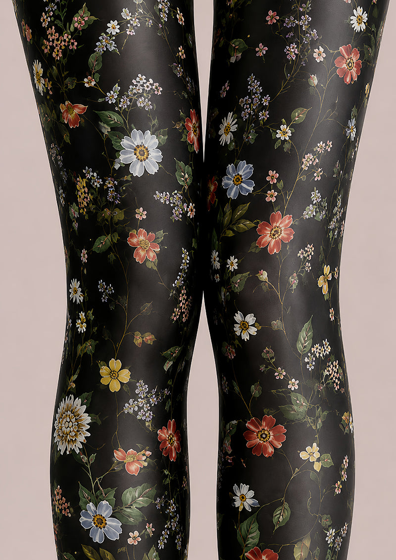 Black Floral Tights Elegant Flower Pattern Hosiery L68-62