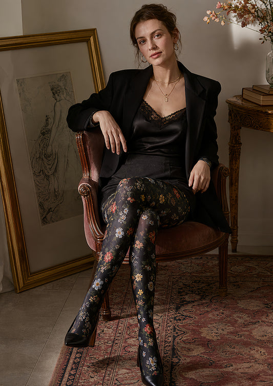 Black Floral Tights Elegant Flower Pattern Hosiery L68-62