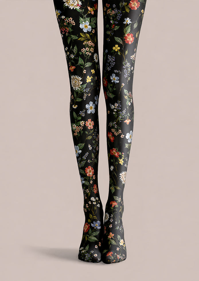 Black Floral Tights Elegant Flower Pattern Hosiery L68-62