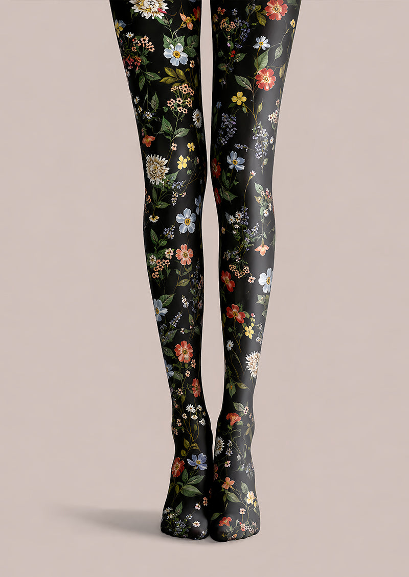 Black Floral Tights Elegant Flower Pattern Hosiery L68-62