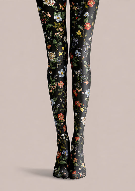 Black Floral Tights Elegant Flower Pattern Hosiery L68-62