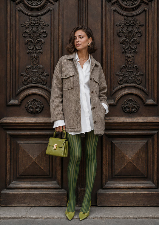 Green Striped Tights Vertical Pattern Pantyhose L68-63