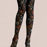 Black Floral Tights Botanical Pattern Pantyhose L68-64