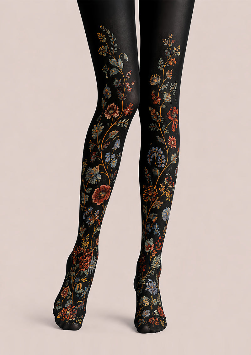 Black Floral Tights Botanical Pattern Pantyhose L68-64