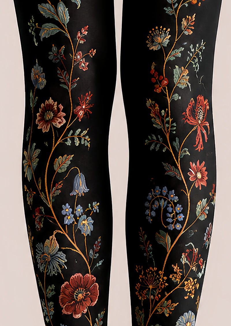 Black Floral Tights Botanical Pattern Pantyhose L68-64