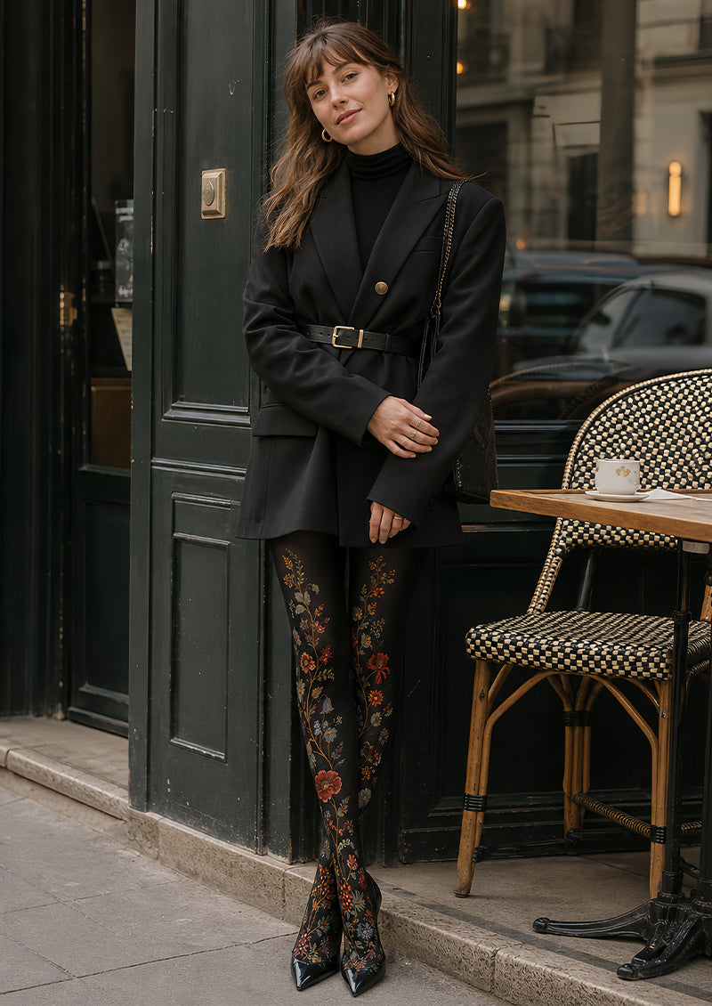 Black Floral Tights Botanical Pattern Pantyhose L68-64