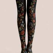 Black Floral Tights Botanical Pattern Pantyhose L68-64
