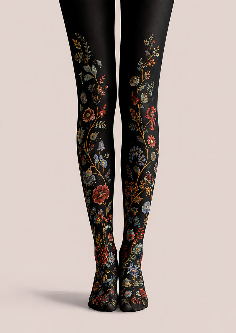 Black Floral Tights Botanical Pattern Pantyhose L68-64