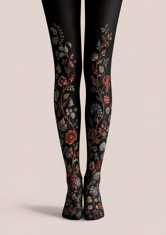 Black Floral Tights Botanical Pattern Pantyhose L68-64