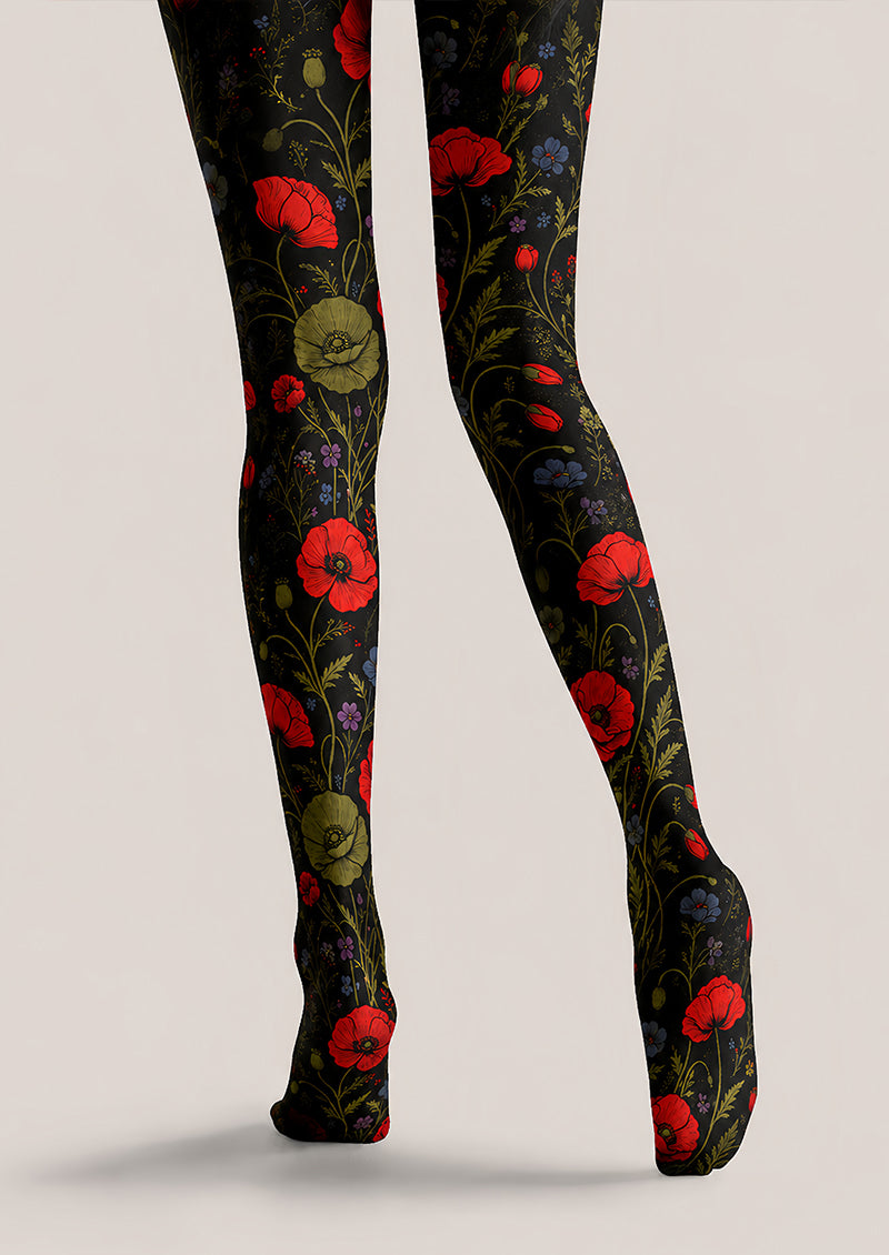 Elegant Poppy Flower Tights Women’s Black Hosiery L68-65