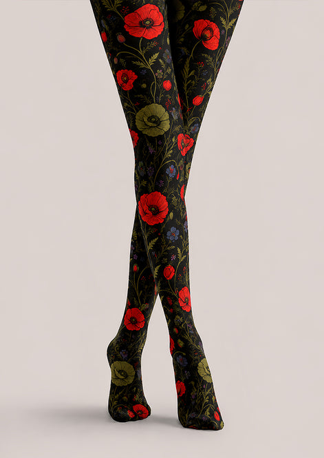 Elegant Poppy Flower Tights Women’s Black Hosiery L68-65