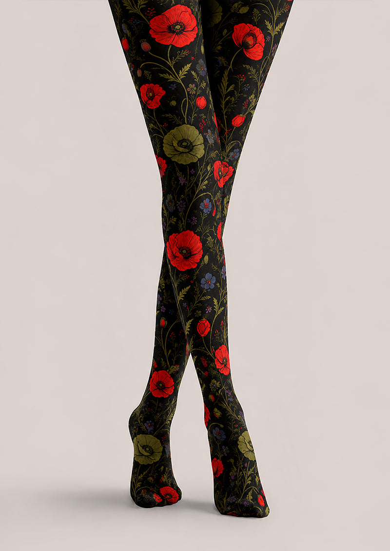 Elegant Poppy Flower Tights Women’s Black Hosiery L68-65