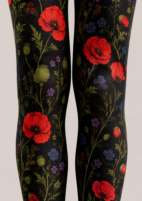 Elegant Poppy Flower Tights Women’s Black Hosiery L68-65