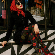 Elegant Poppy Flower Tights Women’s Black Hosiery L68-65