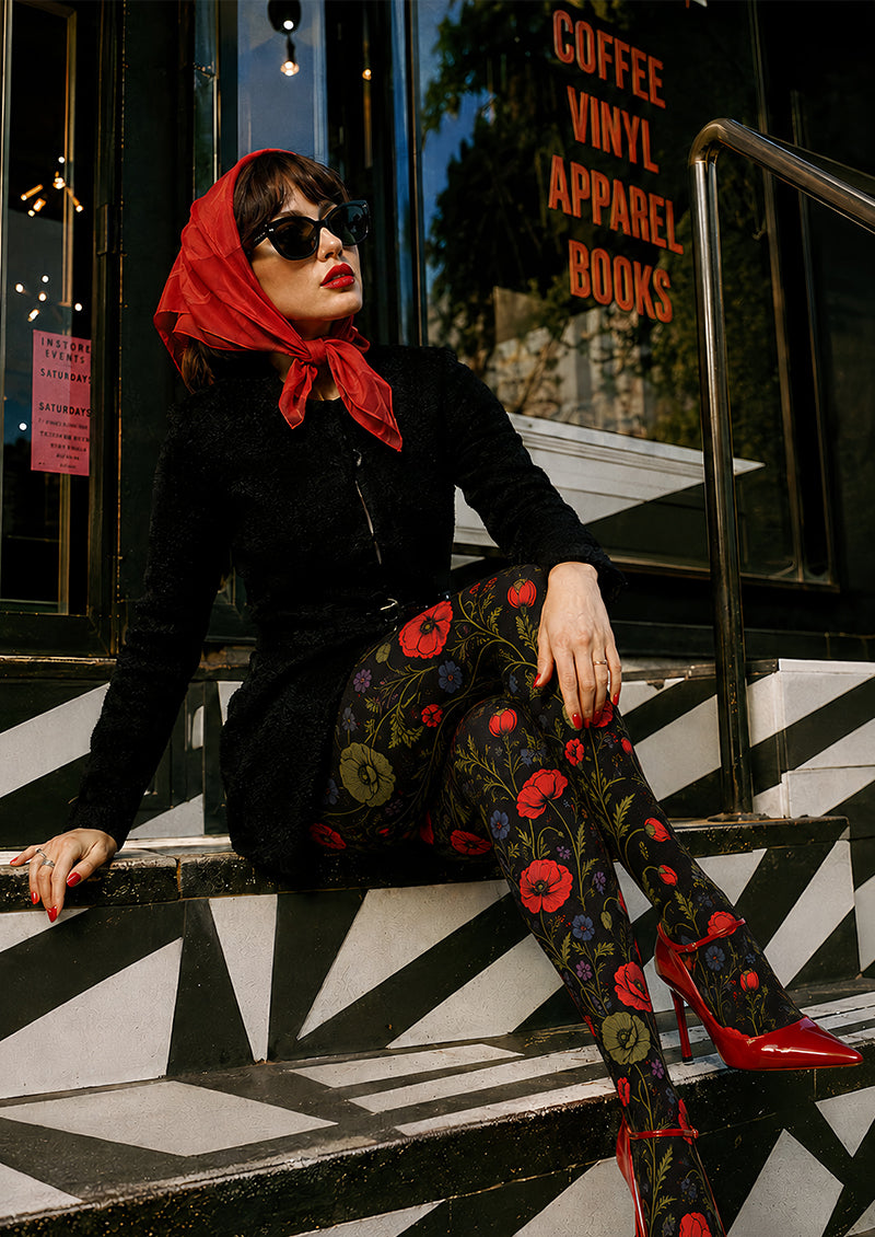 Elegant Poppy Flower Tights Women’s Black Hosiery L68-65