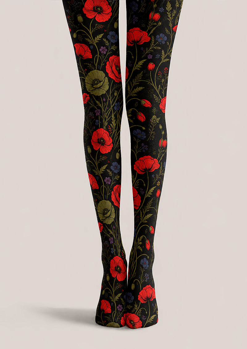 Elegant Poppy Flower Tights Women’s Black Hosiery L68-65