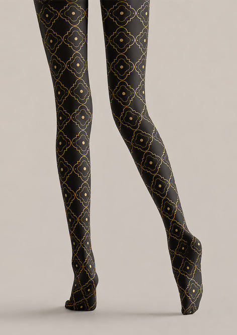 Black Gold Patterned Tights Elegant Hosiery L68-66