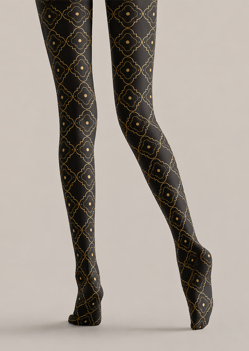 Black Gold Patterned Tights Elegant Hosiery L68-66