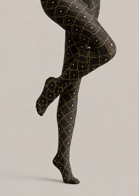 Black Gold Patterned Tights Elegant Hosiery L68-66