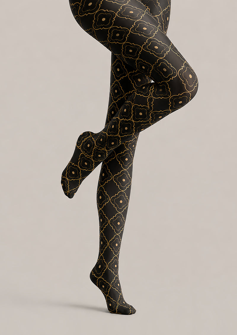Black Gold Patterned Tights Elegant Hosiery L68-66