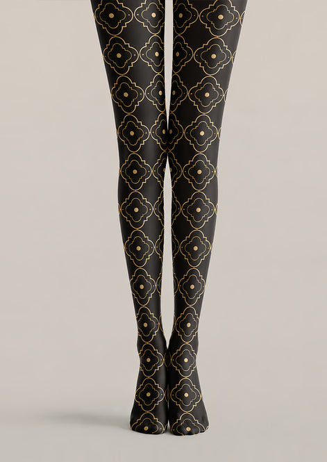 Black Gold Patterned Tights Elegant Hosiery L68-66
