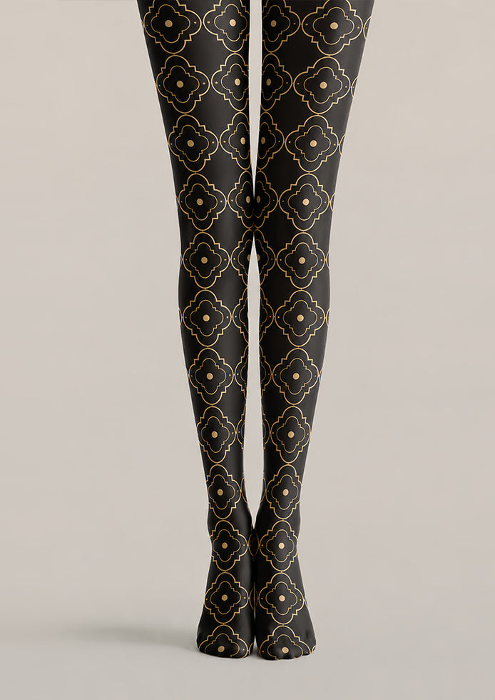 Black Gold Patterned Tights Elegant Hosiery L68-66
