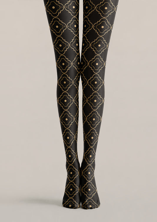 Black Gold Patterned Tights Elegant Hosiery L68-66