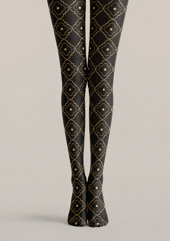 Black Gold Patterned Tights Elegant Hosiery L68-66