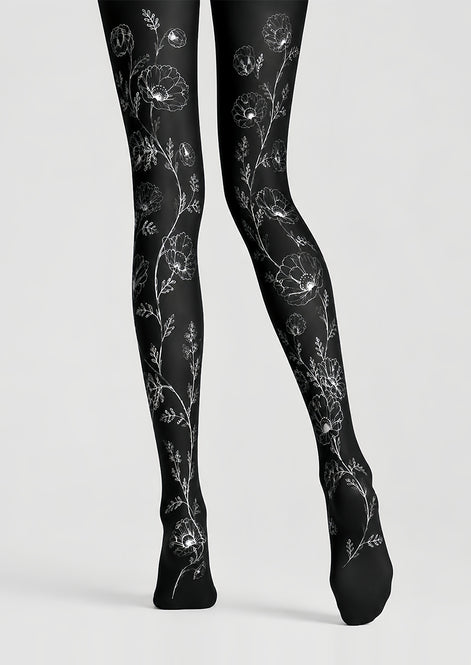 Minimal Floral Tights Black White Hosiery L68-67