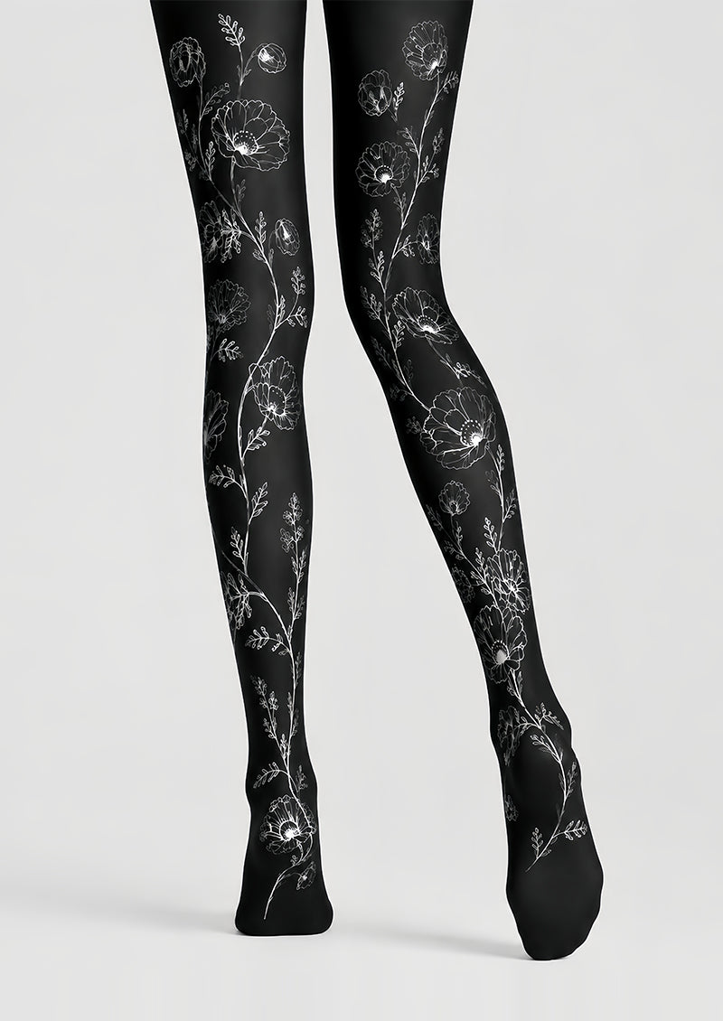 Minimal Floral Tights Black White Hosiery L68-67