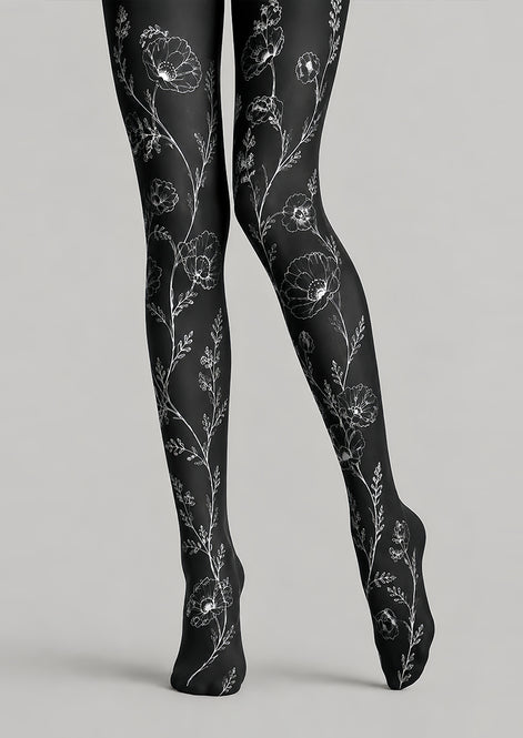 Minimal Floral Tights Black White Hosiery L68-67