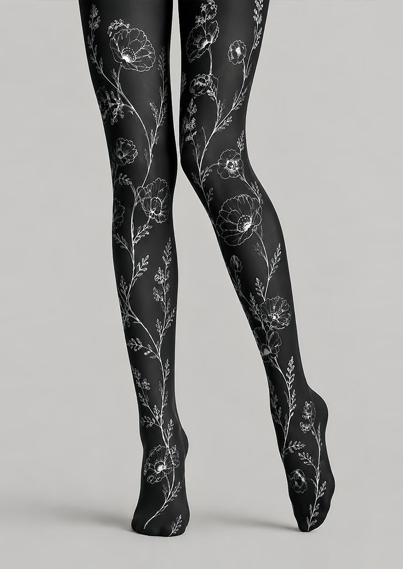 Minimal Floral Tights Black White Hosiery L68-67