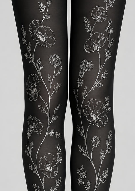 Minimal Floral Tights Black White Hosiery L68-67