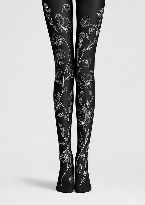 Minimal Floral Tights Black White Hosiery L68-67