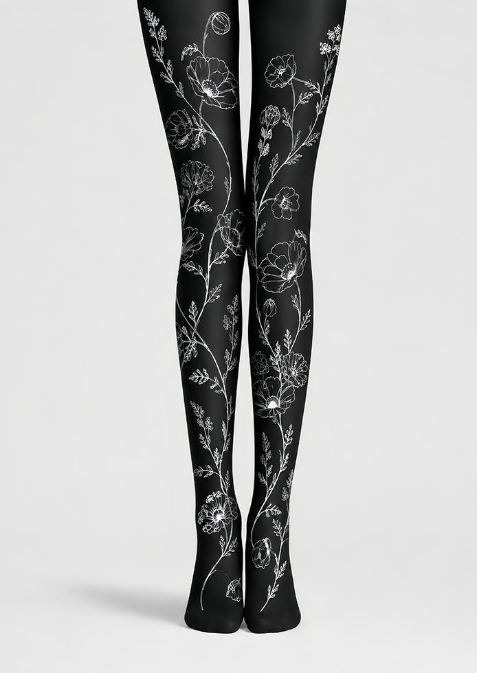 Minimal Floral Tights Black White Hosiery L68-67