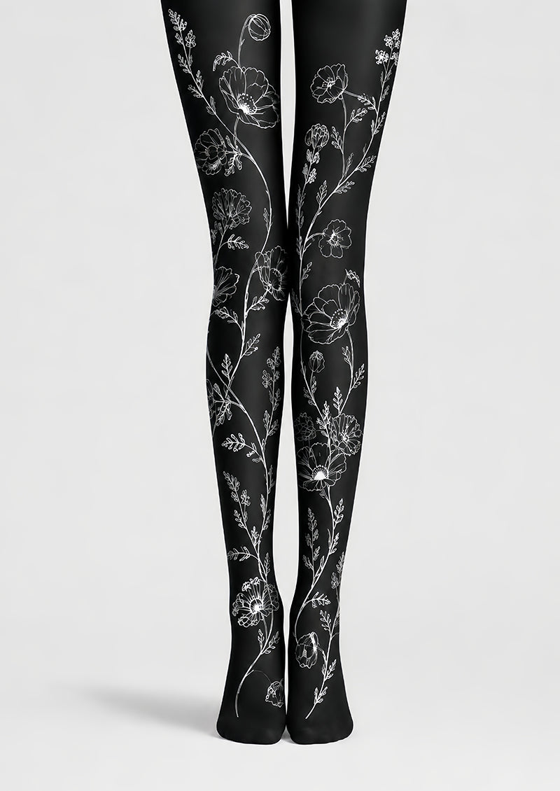 Minimal Floral Tights Black White Hosiery L68-67