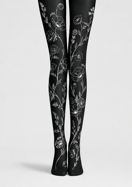 Minimal Floral Tights Black White Hosiery L68-67