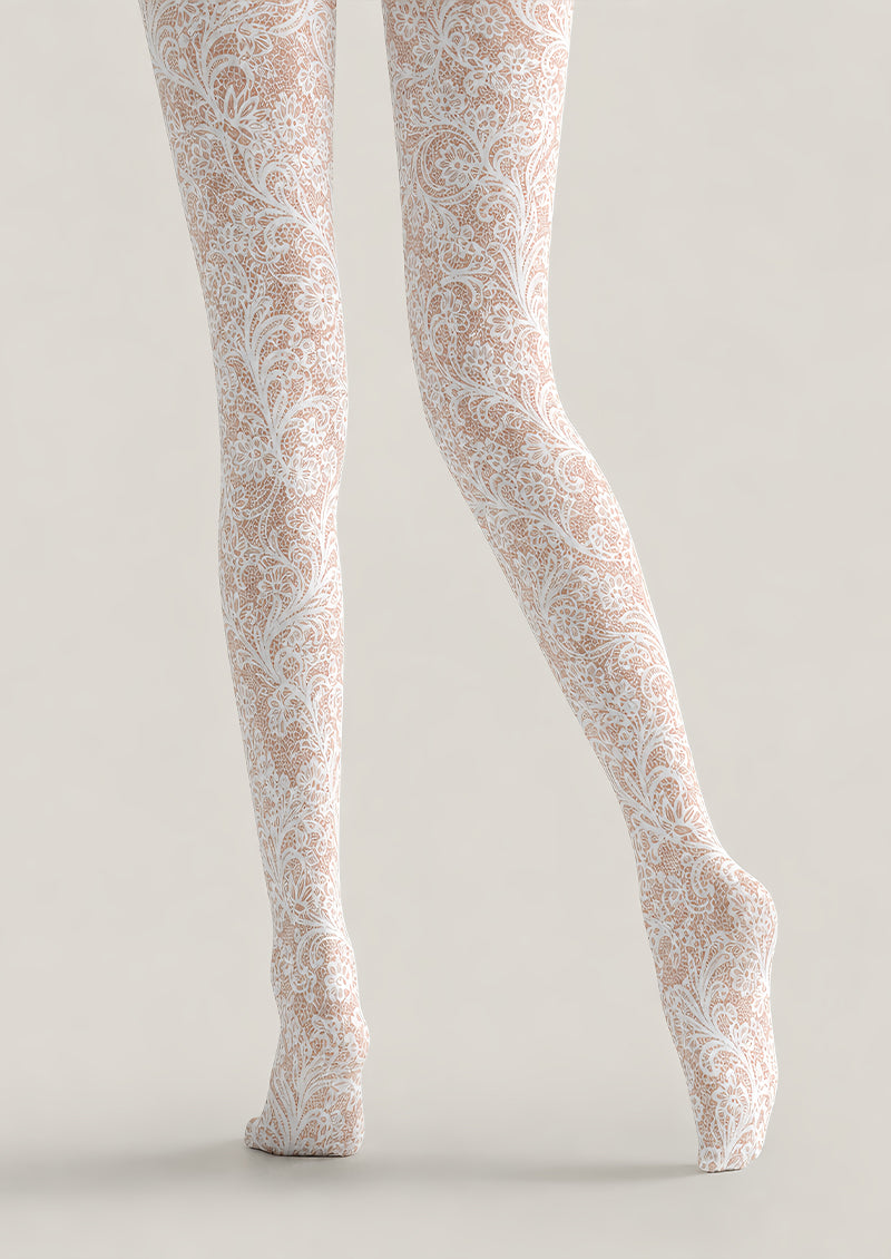 Floral Lace Tights Elegant White Patterned Pantyhose L68-69