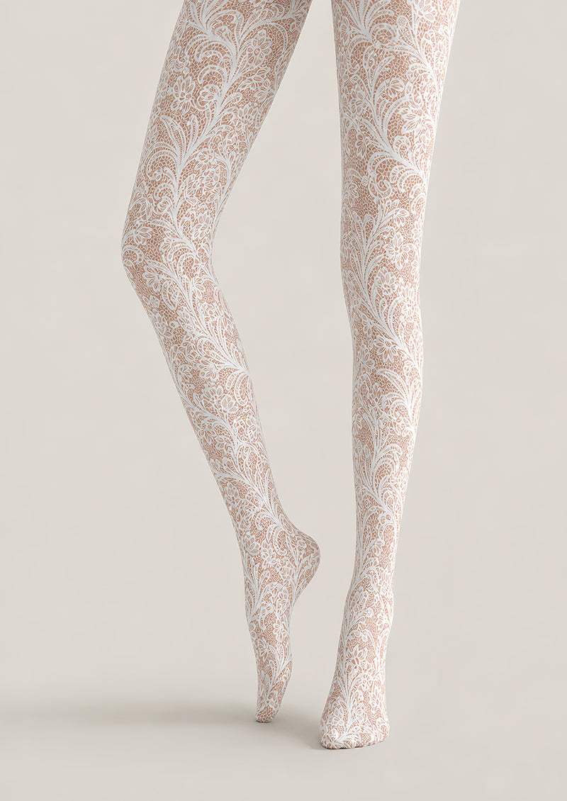 White Floral Lace Tights Elegant Patterned Pantyhose L68-69