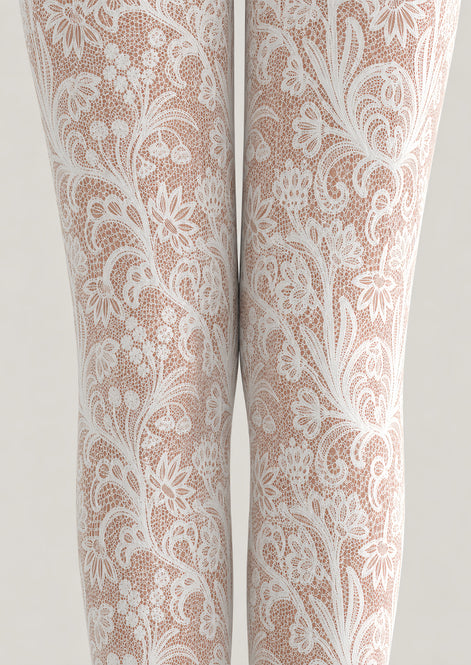 Floral Lace Tights Elegant White Patterned Pantyhose L68-69