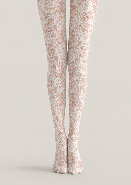 Floral Lace Tights Elegant White Patterned Pantyhose L68-69