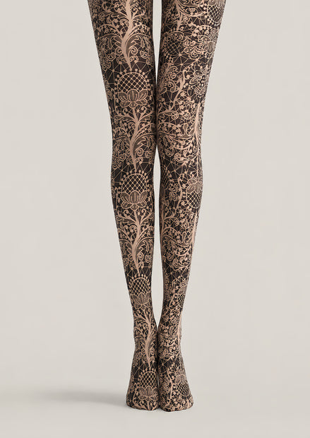 Black Floral Pattern Tights Luxury Lace Pantyhose L68-70