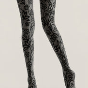 Gray Lace Pattern Tights Black Floral Hosiery L68-71