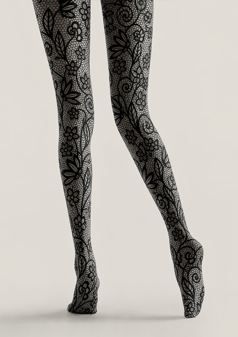 Gray Lace Pattern Tights Black Floral Hosiery L68-71