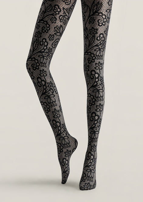 Gray Lace Pattern Tights Black Floral Hosiery L68-71