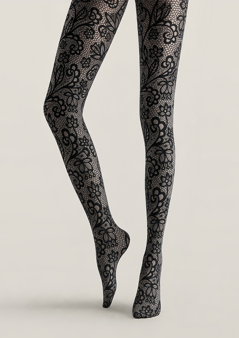 Gray Lace Pattern Tights Black Floral Hosiery L68-71