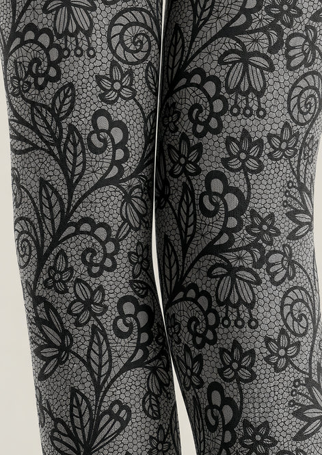 Gray Lace Pattern Tights Black Floral Hosiery L68-71