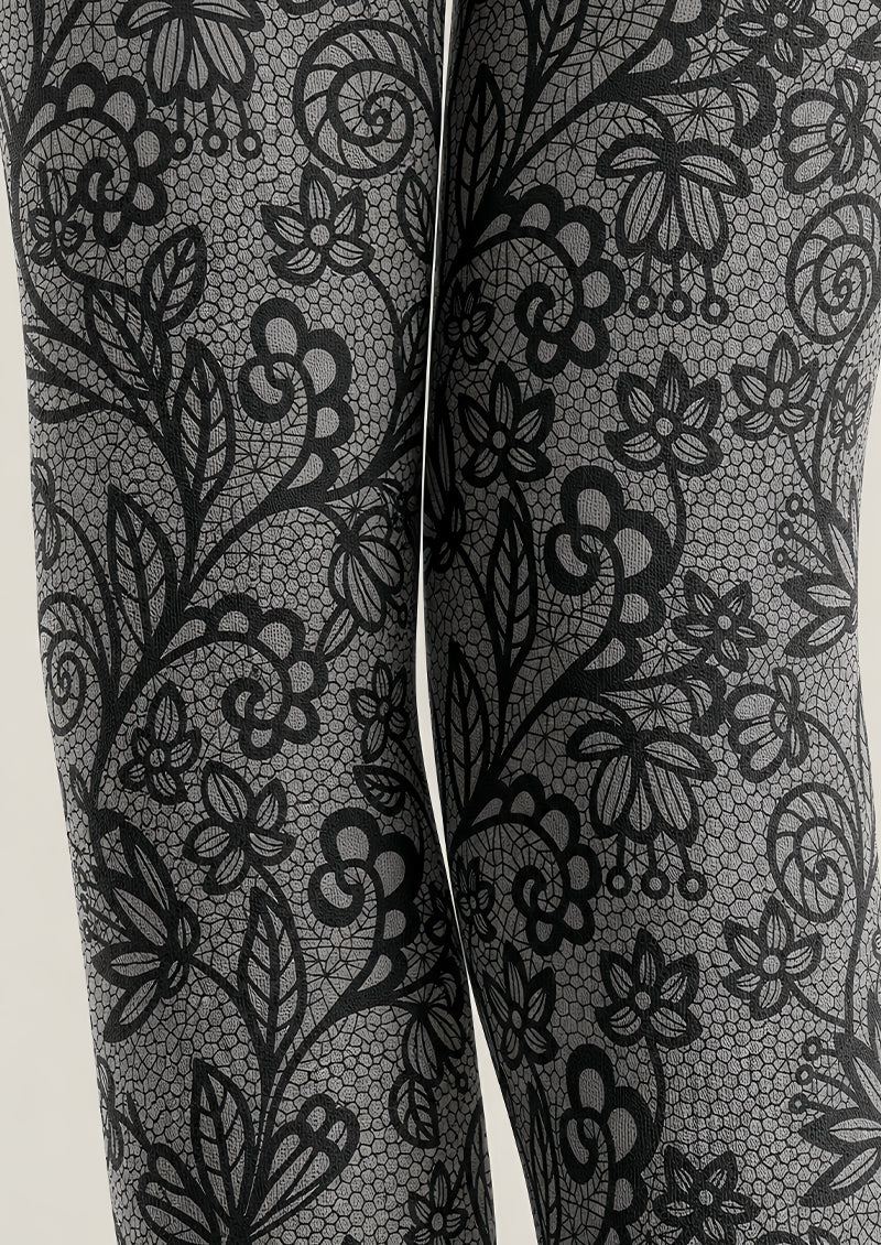Gray Lace Pattern Tights Black Floral Hosiery L68-71