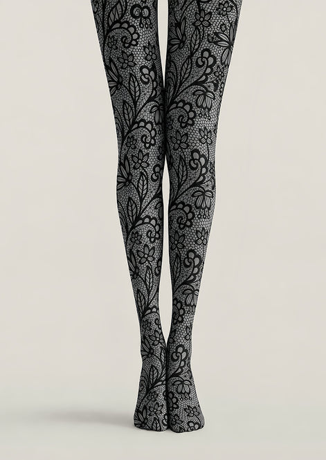 Gray Lace Pattern Tights Black Floral Hosiery L68-71