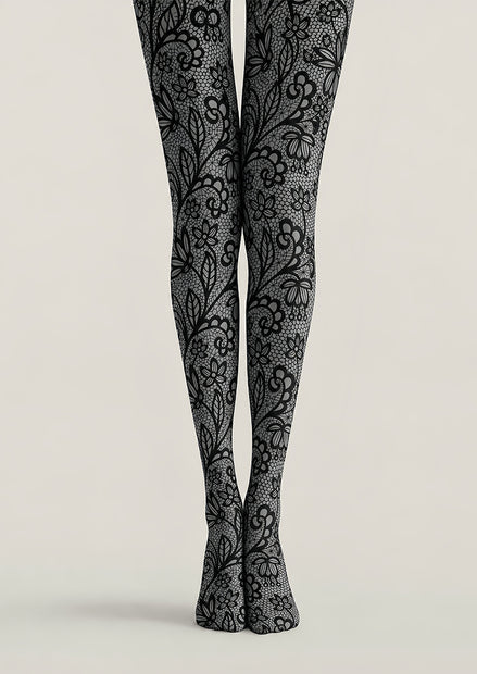 Gray Lace Pattern Tights Black Floral Hosiery L68-71